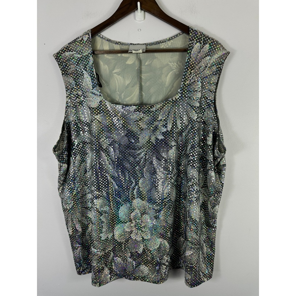 Fashion Bug Sleeveless Top Womens 26/28 Gray Floral Holographic Sequin Party Y2K
